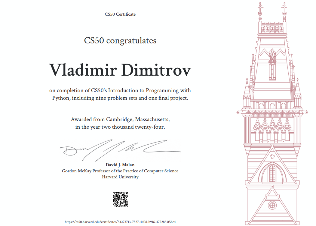 Harvard/edX Certificate for CS50's Introduction to Programming with Python
