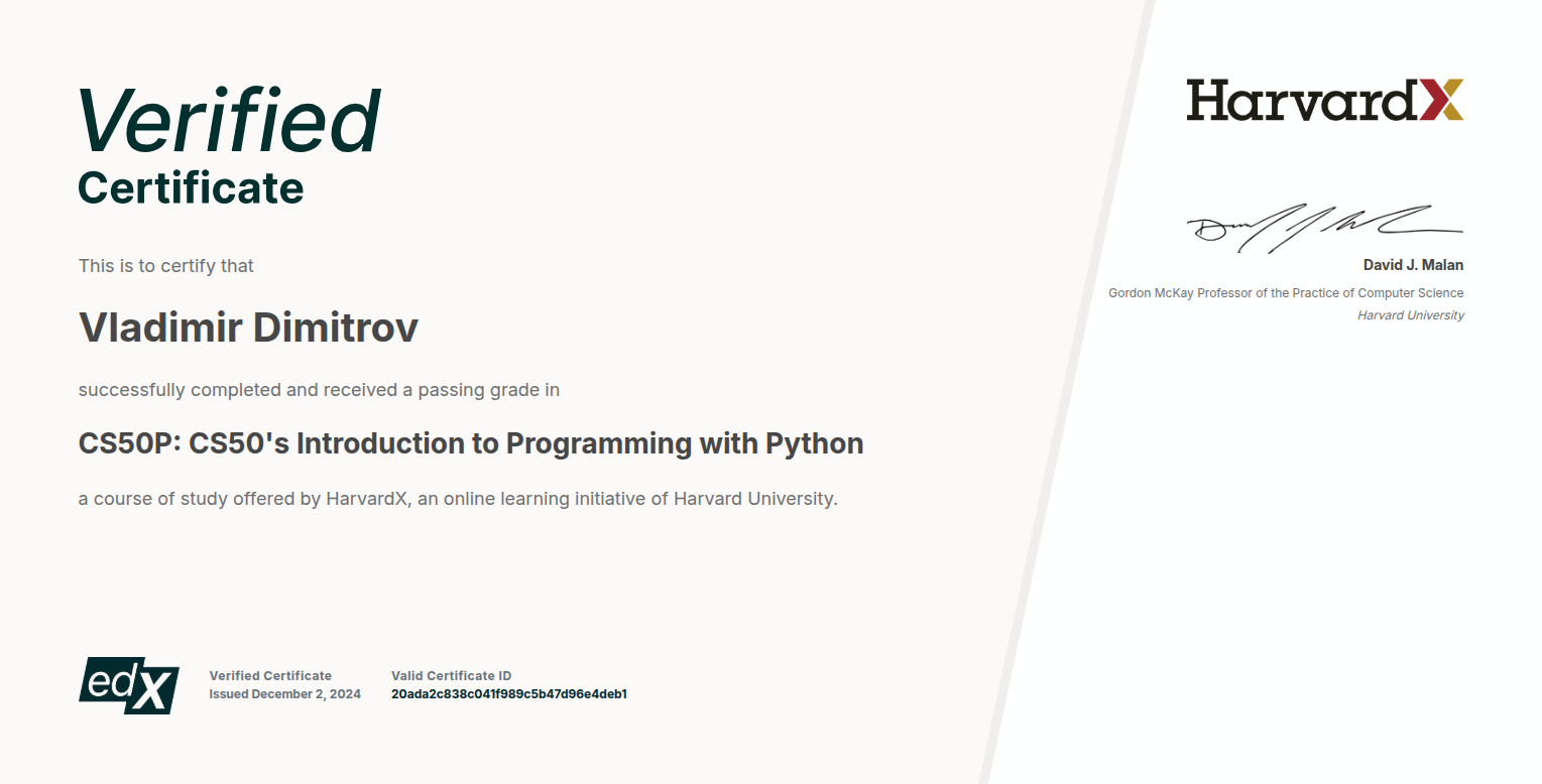 Harvard/edX Certificate for CS50's Introduction to Programming with Python